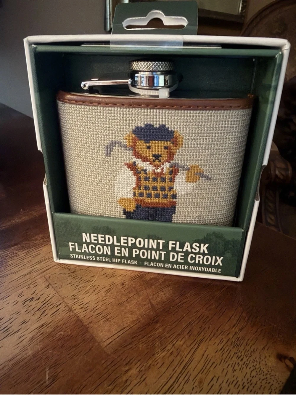 Needlepoint Bear Hip Flask - Beige with Navy & Brown